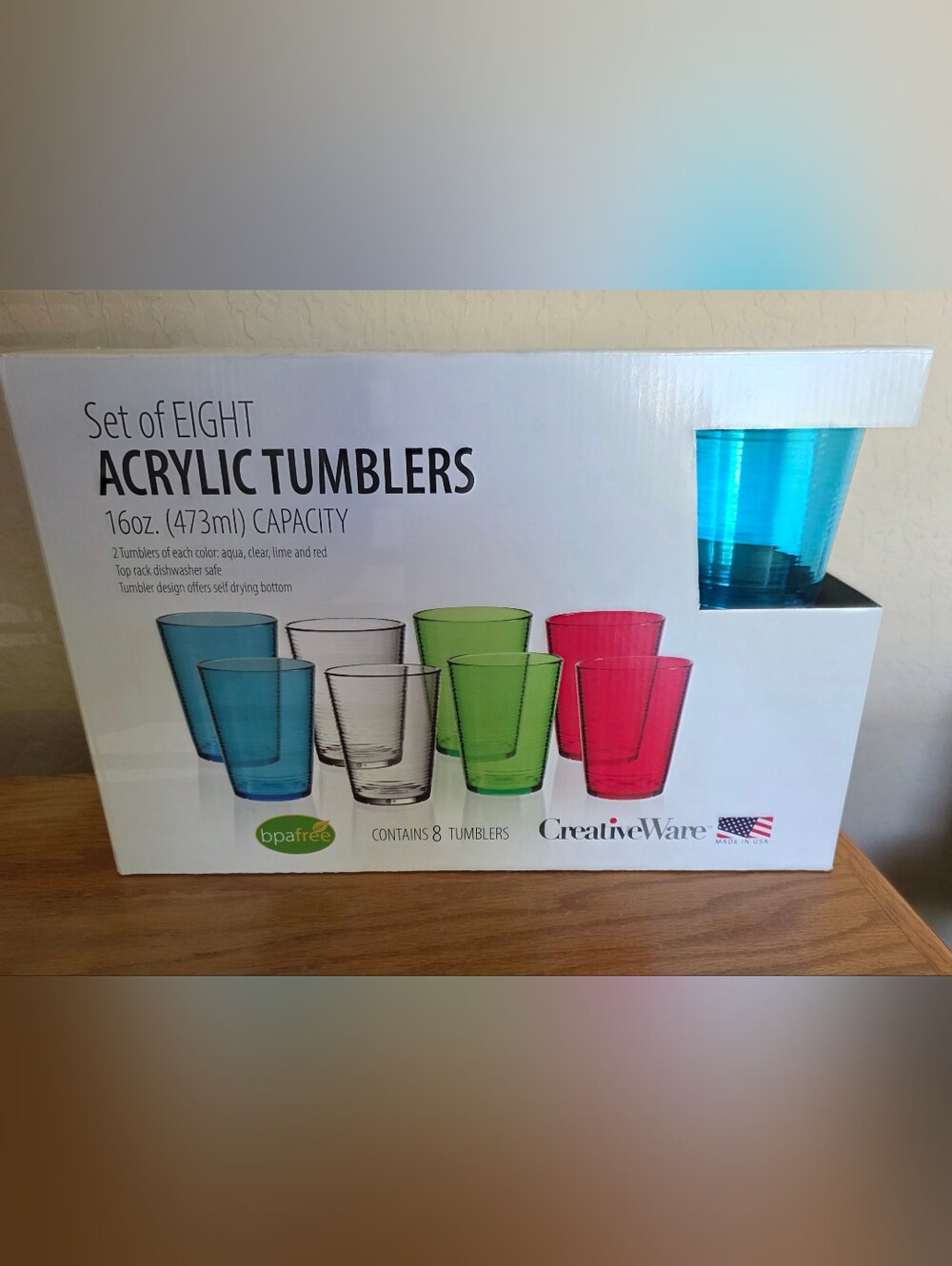 CreativeWare 8 Pack Acrylic 16oz Multi Color Tumblers Cup Set BPA FREE